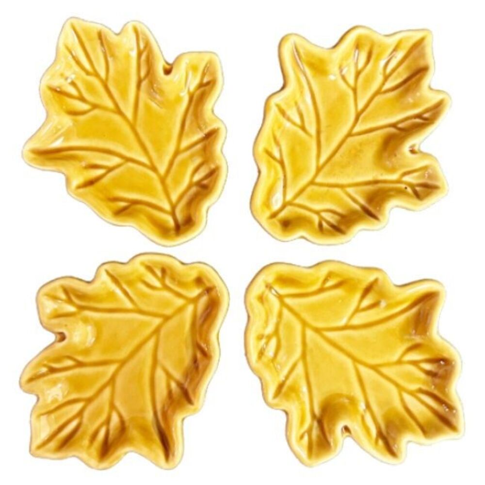 Set 4 Small Gold Ceramic Fall Leaf Serving Dishes Bread Oil Dipping Condiments